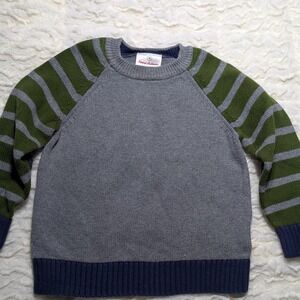 Hanna Andersson Cotton Knit Sweater Gray Green Stripe Elbow Patches